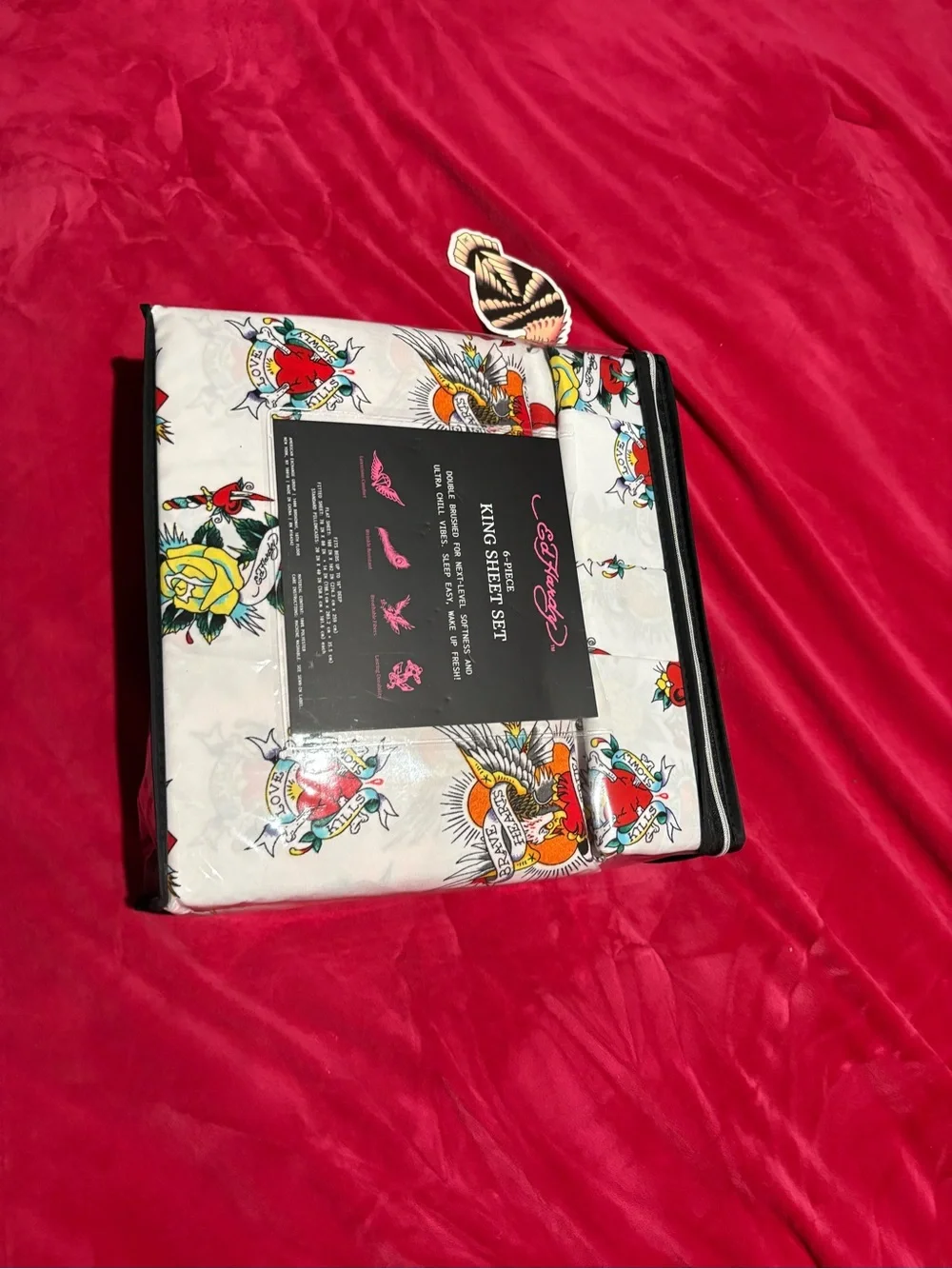 Ed Hardy White King Sheet Set with Red, Yellow & Blue Tattoo Motif